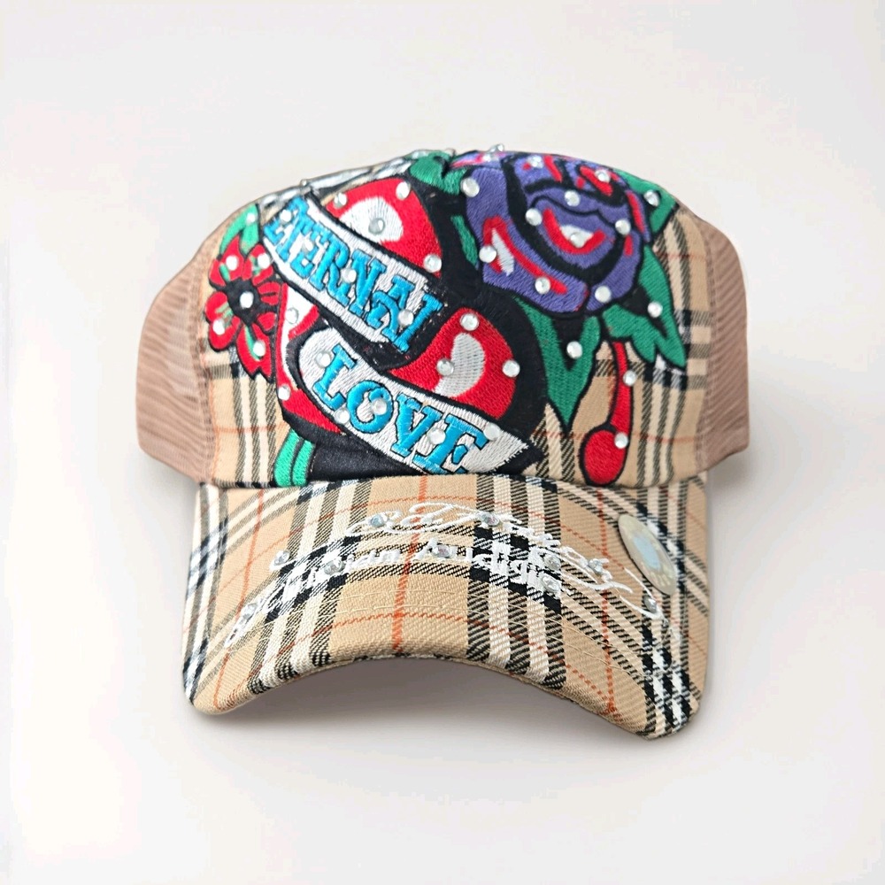 Ed Hardy Eternal Love Plaid Trucker Hat Embroidered Heart Rose Mesh Snapback NWT